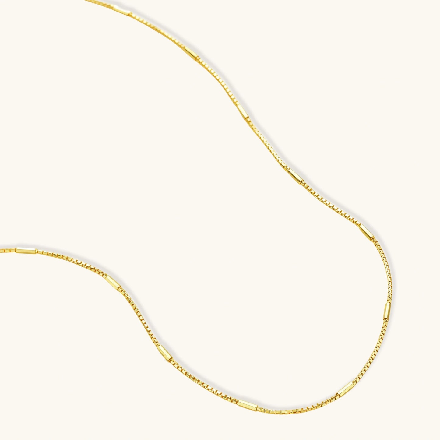 Delicate 14K gold-plated box chain necklace with evenly spaced bar links, shown flat on cream background.
